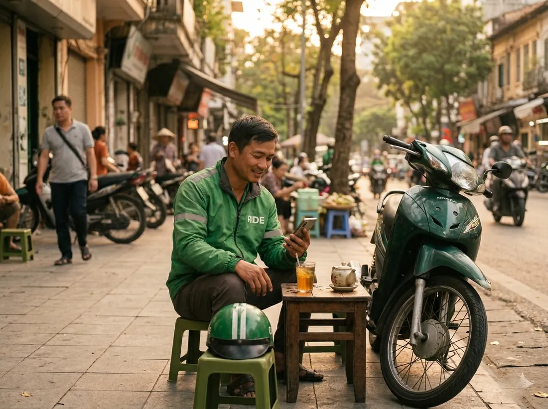 Tài xế công nghệ nghỉ tay bên ly trà đá, gửi lời hỏi thăm cho gia đình