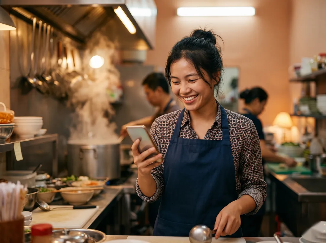 Người trẻ đang làm việc, dừng lại mỉm cười khi thấy tin của gia đình