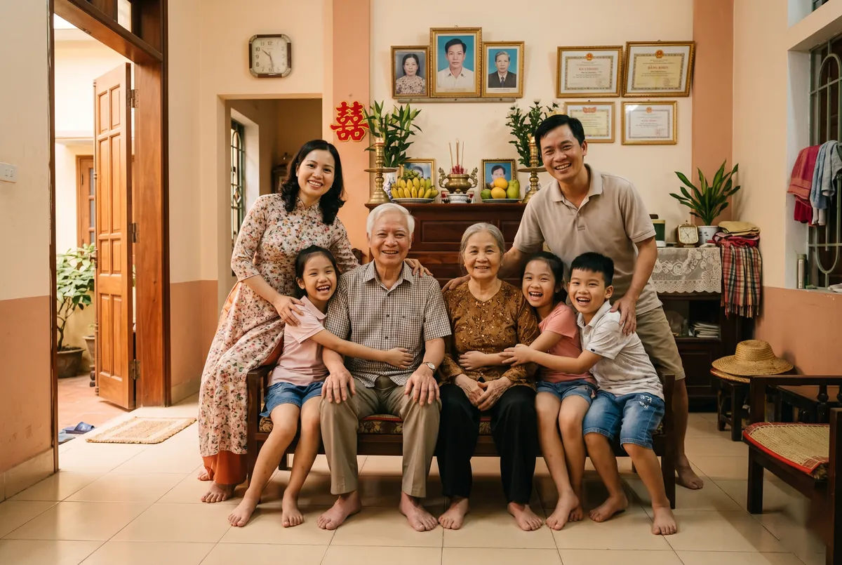 Gia đình ba thế hệ Việt Nam quây quần dưới một mái nhà