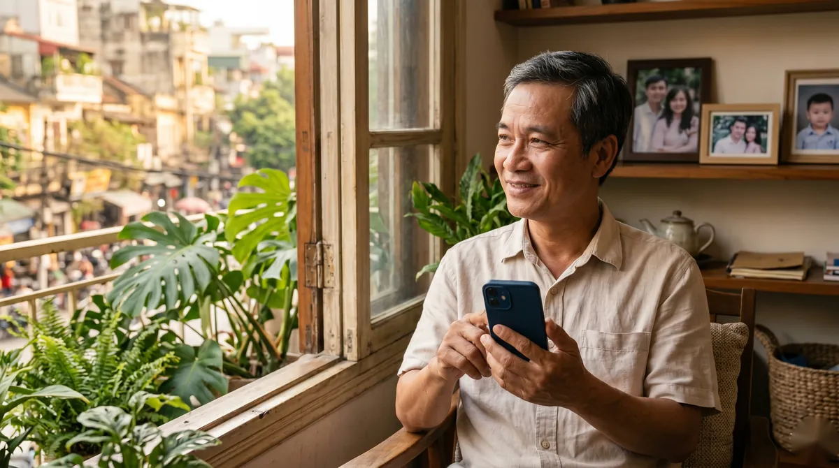Người cha trẻ Việt Nam mỉm cười xem điện thoại